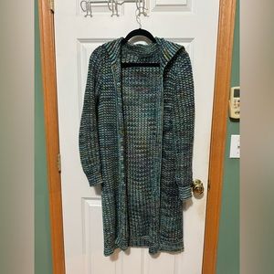 Peruvian Connection rainbow woven knit shawl collar longline cardigan large